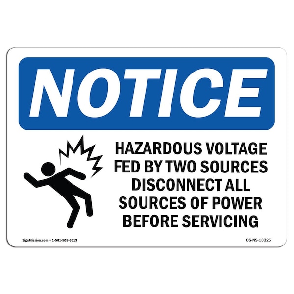 OSHA Sign, Hazardous Voltage Fed By Two With Symbol, 24in X 18in Aluminum, 18"W, 24" L, Landscape